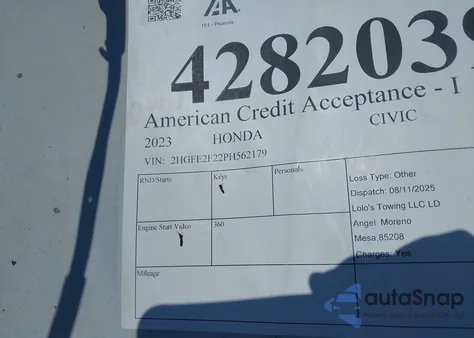 2023 Honda Civic Lx из США, поврежденный, VIN 2HGFE2F22PH562179